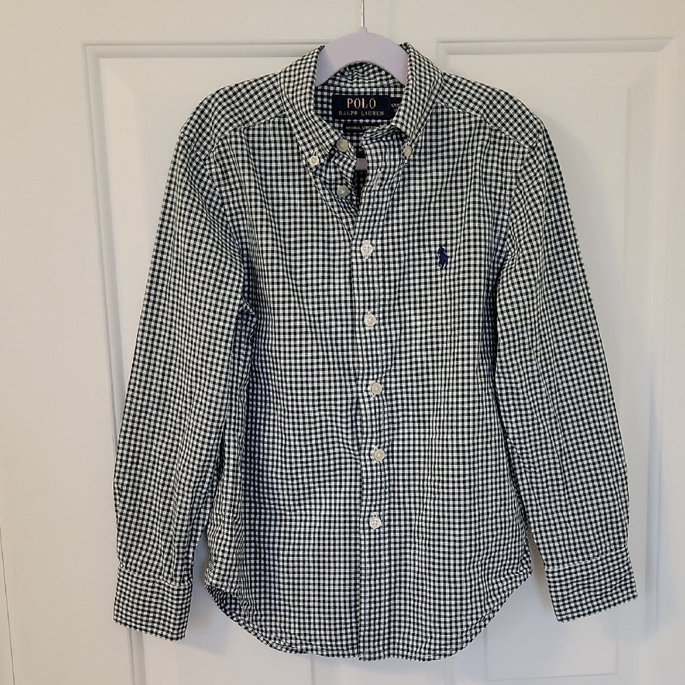 Boys Polo Ralph Lauren Green and White Checkered Shirt Size 8 Natural Stretch